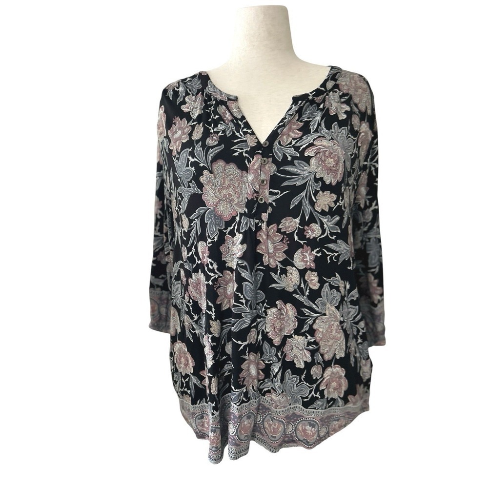 Lucky Brand Floral Peasant Blouse Size 2X Stretch Tunic Top 3/4 Sleeve Casual